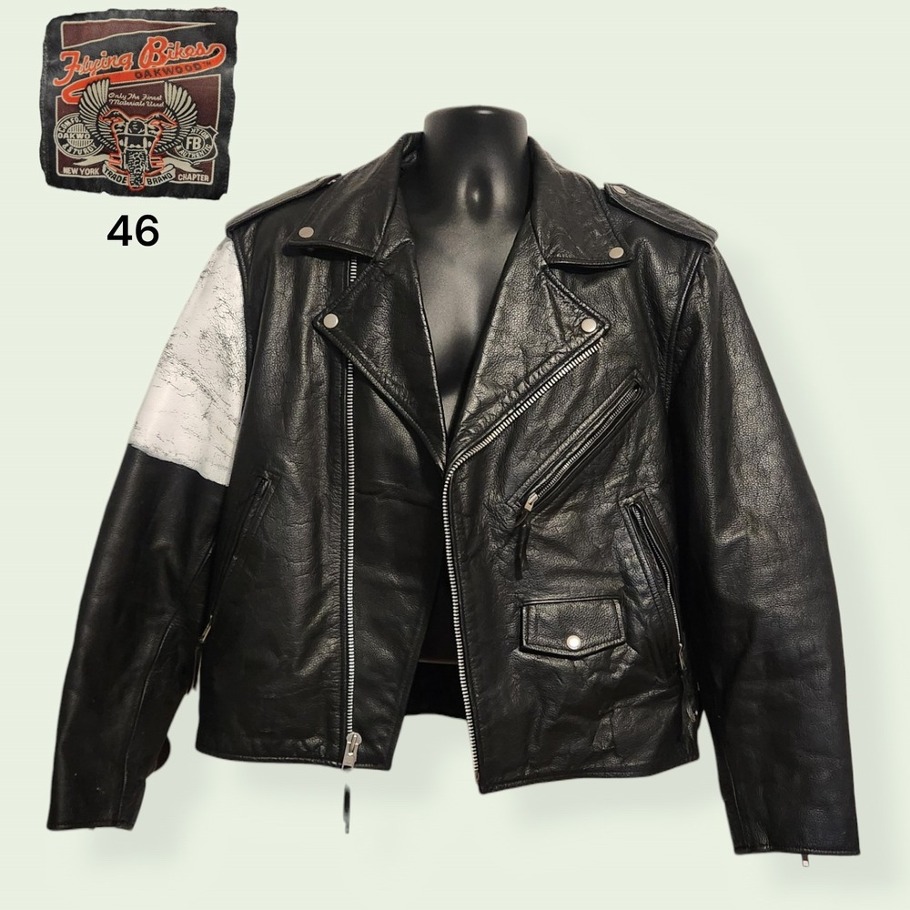 Vintage Flying Bikes Oakwood NY Black Leather Motorcycle Jacket Mens Size 46